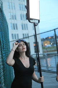 Ronit Schlam (publicist and craft services) wows playing grip on the Williamsburg waterfront.